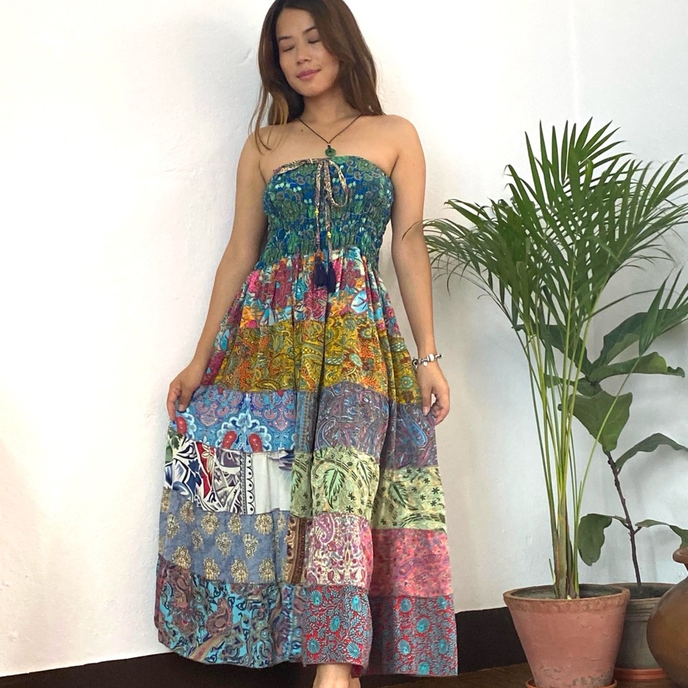 Smocked Ruched Patchwork Boho Dress Skirt - Picture 3 of 17